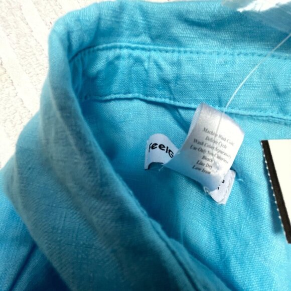 Feel Good Store Top Womens Button Down 3/4 Sleeve Linen Shirt Medium Blue New - Picture 4 of 8